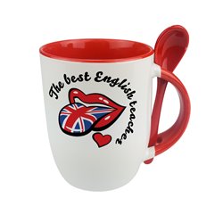 Kubek z łyżeczką dla nauczycielki angielskiego- grafika z językiem.