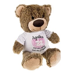 Miś brązowy z nadrukiem na koszulce "Weź nie pytaj, weź się przytul".