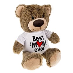 Miś brązowy z nadrukiem na koszulce "Best mum ever"-prezent z okazji Dnia Matki.