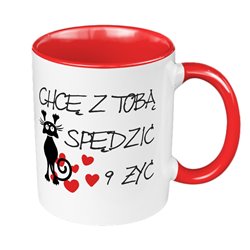 Kubek 330 ml kolorowy na Walentynki  "Chcę z Tobą spędzić 9 żyć".