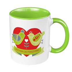 Kubek 330 ml kolorowy na Walentynki  "Kocham Cię ptaszyno".