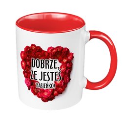 Kubek 330 ml kolorowy na Walentynki  "Dobrze, że jesteś".
