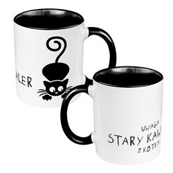 Kubek 330 ml kolorowy z nadrukiem "Stary kawaler z kotem".