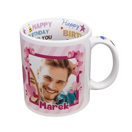 Kubek 330 ml z wnętrzem "Happy Birthday" z grafiką dla zakochanych- super prezent urodzinowy.