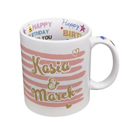 Kubek 330 ml z wnętrzem "Happy Birthday" z grafiką dla zakochanych- super prezent urodzinowy.