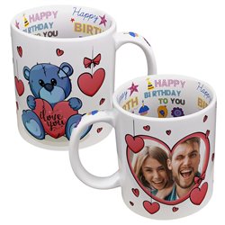 Kubek 330 ml z wnętrzem "Happy Birthday" z grafiką misia oraz zdjęciem- super prezent urodzinowy.