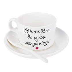 Filiżanka na dzień matki z napisem "Mamadżer do spraw wszystkiego".