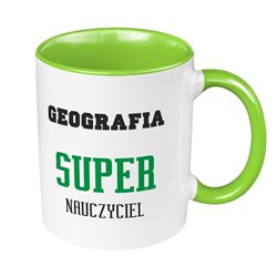 Kubek 330 ml kolorowy "Geografia super nauczyciel" - idealny na prezent dla nauczyciela.