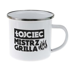 Kubek "Łojciec mistrz grilla" metalowy, emaliowany z imieniem.
