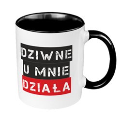Kubek 330 ml kolorowy z napisem "Dziwne u mnie działa".