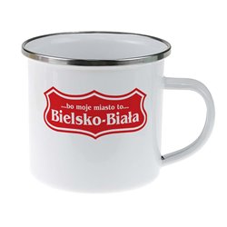 Kubek "bo moje miasto to Bielsko-Biała" metalowy, emaliowany z imieniem.