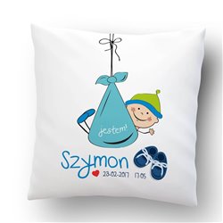Poduszka personalizowana z okazji narodzin dziecka (chłopczyka) - gratulacje dla rodziców.