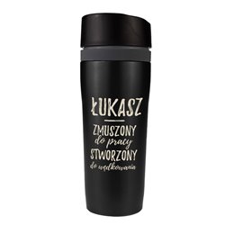 Kubek termiczny "Zmuszony do pracy, stworzony do wędkowania" z imieniem.