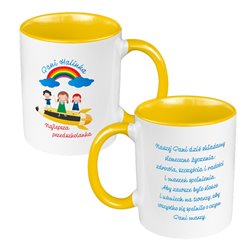 Kubek 330 ml kolorowy na dzień nauczyciela "Pani Halinka najlepsza przedszkolanka" - personalizacja.