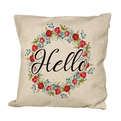 Poduszka lniana (imitująca len) z nadrukiem "Hello"- różne wzory .