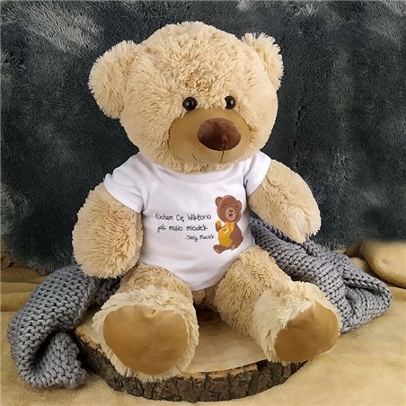 Maskotka miś duży dla dziewczyny "Kocham Cię Martynko jak misio miodek" - ok. 55-60cm.