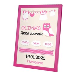 Personalizowana metryczka z okazji narodzin dziewczynki - wzór sowa.
