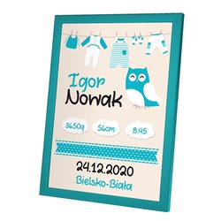 Personalizowana metryczka z okazji narodzin chłopczyka - wzór sowa 1.