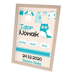 Personalizowana metryczka z okazji narodzin chłopczyka - wzór sowa 1. 2
