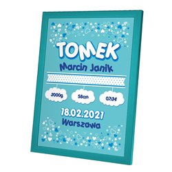 Personalizowana metryczka z okazji narodzin synka - wzór niebieski.