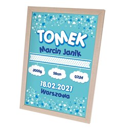 Personalizowana metryczka z okazji narodzin synka - wzór niebieski. 2