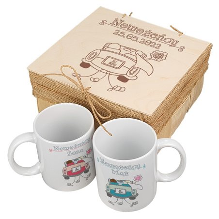 Zestaw kubków 330 kolorowe ml w pudełku - dla nowożeńców "Mąż żona" - personalizacja.