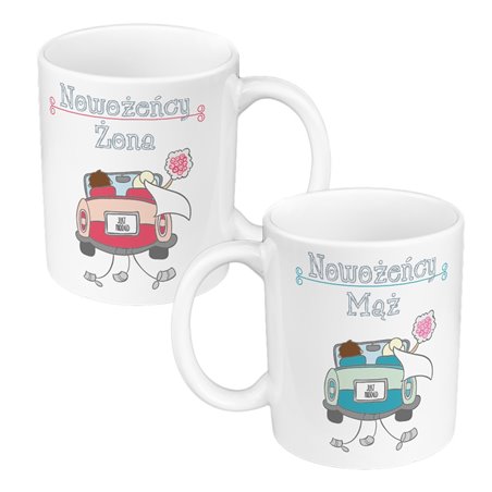 Zestaw kubków 330 kolorowe ml w pudełku - dla nowożeńców "Mąż żona" - personalizacja.