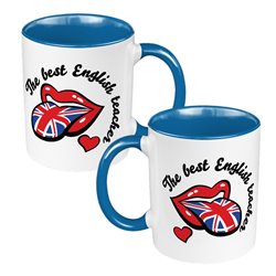 Kubek 330 ml kolorowy dla nauczyciela języka angielskiego - zabawny wzór z ustami.