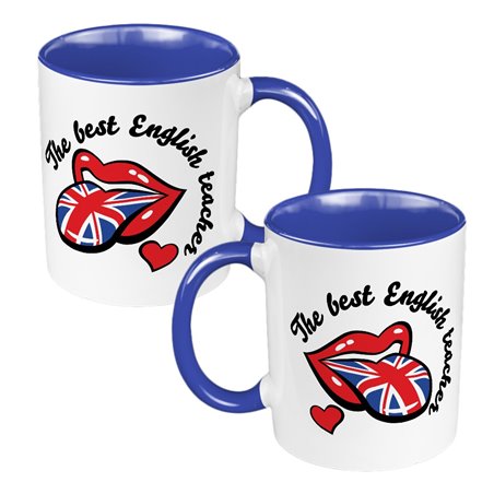Kubek 330 ml kolorowy dla nauczyciela języka angielskiego - zabawny wzór z ustami.