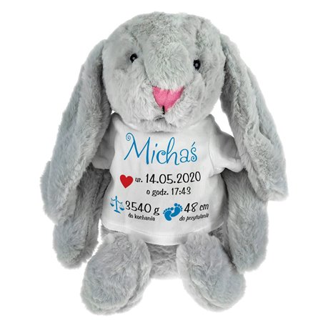 Królik z metryczką - maskotka ok. 39 cm - świetny prezent z okazji narodzin dziecka czy Chrztu Świętego...