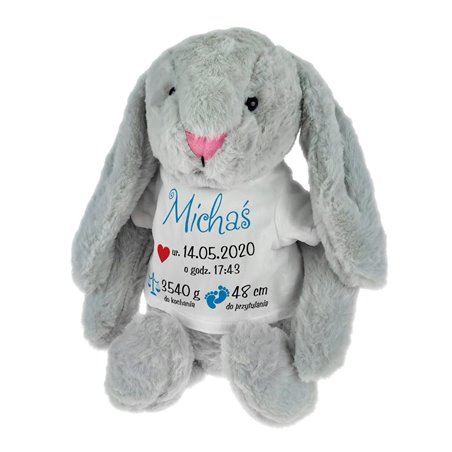 Królik z metryczką - maskotka ok. 39 cm - świetny prezent z okazji narodzin dziecka czy Chrztu Świętego...