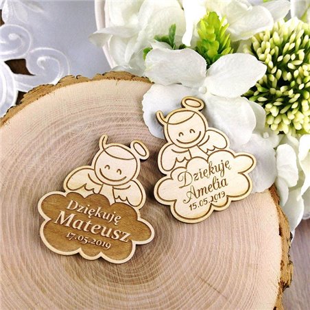 Drewniane magnesy na lodówkę - podziękowania dla gości - komunia - aniołek.