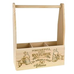 Nosidło drewniane na 3 piwa, kwiaty, narzędzia z grawerem - Piwo nie pyta, piwo rozumie.
