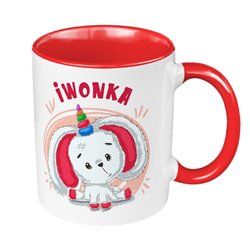 Kubek 330 ml kolorowy z imieniem dla dziecka z grafiką "Królik - jednorożec" - zmień imię.
