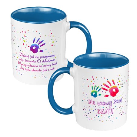 Kubek 330 ml kolorowy z podziękowaniami dla Nauczycielki- prezent z okazji zakończenia przedszkola lub szkoły.