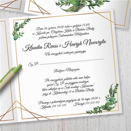 Zaproszenie ślubne rustykalne, geometryczne - eukaliptus, zielone liście.