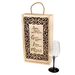 Grawerowana skrzynka na wino z kieliszkiem - personalizacja.