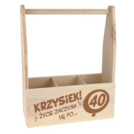 Nosidło drewniane na 3 lub 4 piwa, kwiaty, narzędzia z grawerem na 40-ste urodziny.