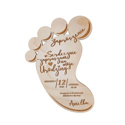 Zaproszenie na roczek, urodziny - ze sklejki, grawerowane (stópka).