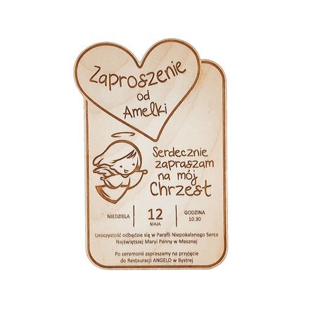 Zaproszenie ze sklejki - chrzest, komunia (anioł) .