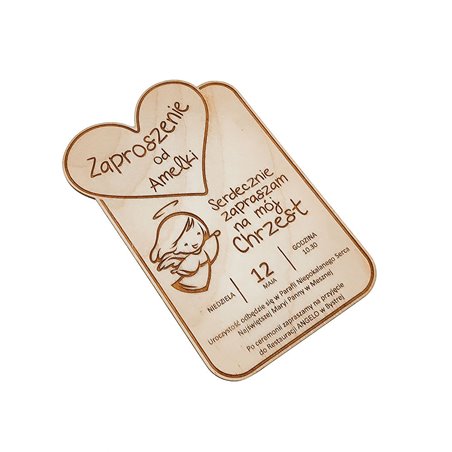 Zaproszenie ze sklejki - chrzest, komunia (anioł) .