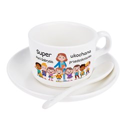 Filiżanka na zakończenie roku szkolnego lub dzień nauczyciela z napisem "Super ukochana przedszkolanka Pani Gabrysia".