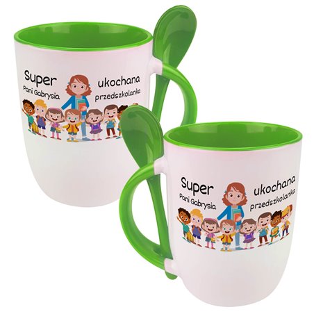 Kubek z łyżeczką dla nauczycielki w przedszkolu "Super ukochana Pani..." - personalizacja.