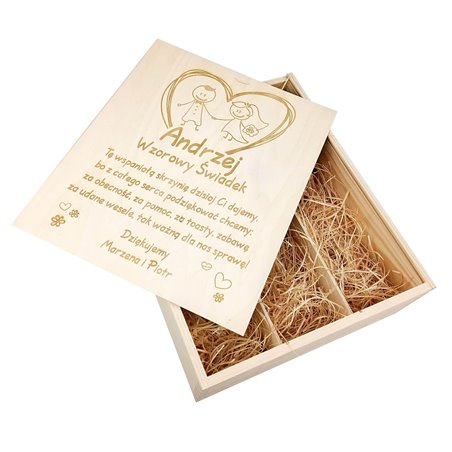 Skrzynka z grawerem dla świadków na butelkę oraz 2 kieliszki.