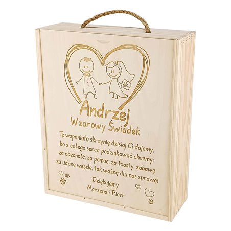 Skrzynka z grawerem dla świadków na butelkę oraz 2 kieliszki.