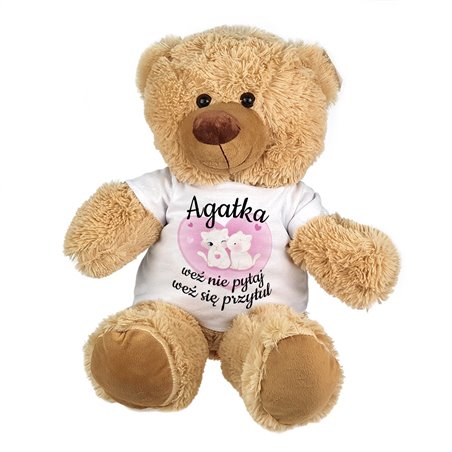 Maskotka miś duży z grafiką "Weź nie pytaj, weź się przytul" - zmień imię.