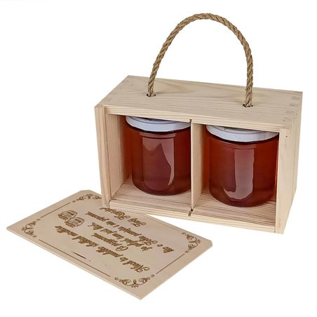 Pudełko drewniane na 2 słoiczki miodu z grawerem dla niej - serce złote jak miód.