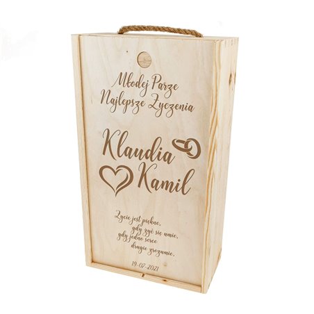 Skrzynka z grawerem dla młodej pary na 2 wina lub 2 kieliszki na wino.