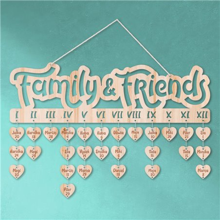 Urodziny mojej rodziny "Family & Friends" (wersja angielska)- kalendarz z grawerem.