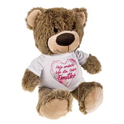 Miś brązowy z nadrukiem na koszulce "Moje serce bije dla Ciebie" z imieniem.